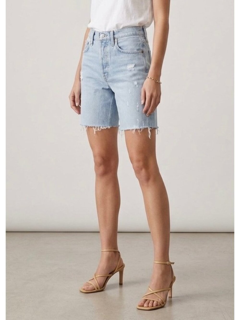 AGOLDE Denim Shorts Parker Long Light Wash Women 24 High Rise Distressed Raw Hem